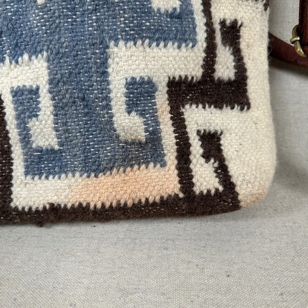 Anabaglish Brown Leather Blue White Woven Cotton Crossbody Bag Southwestern Boho